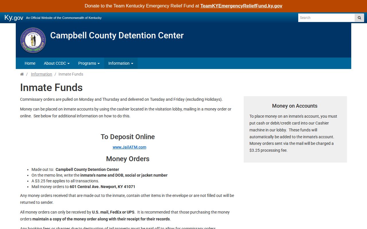 Campbell County 24-hour release commissary information