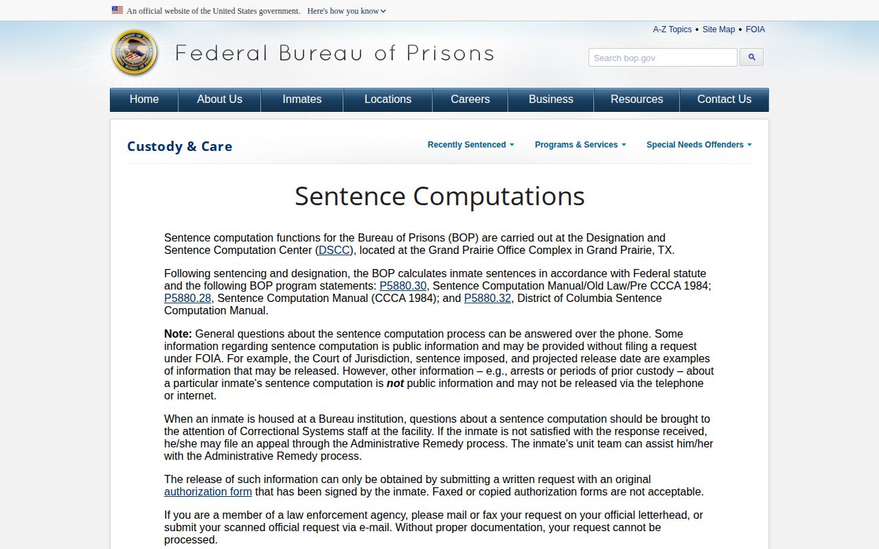 Campbell County projected release date federal sentence computation source