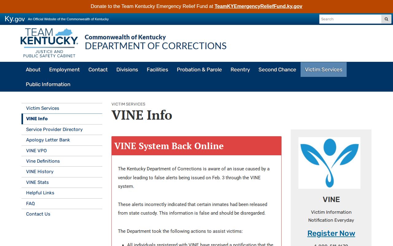 Campbell County VINELink release check Kentucky incident information