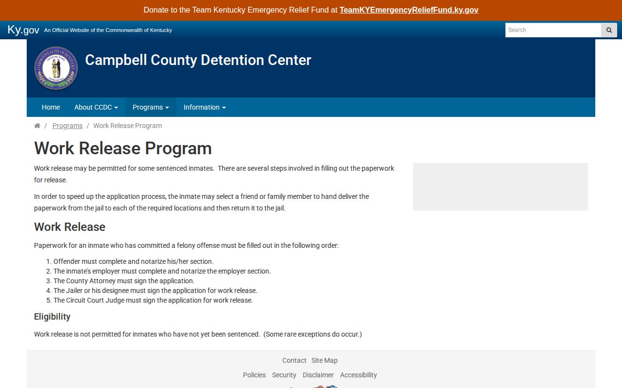 Campbell County Work Release Program custody and release procedure