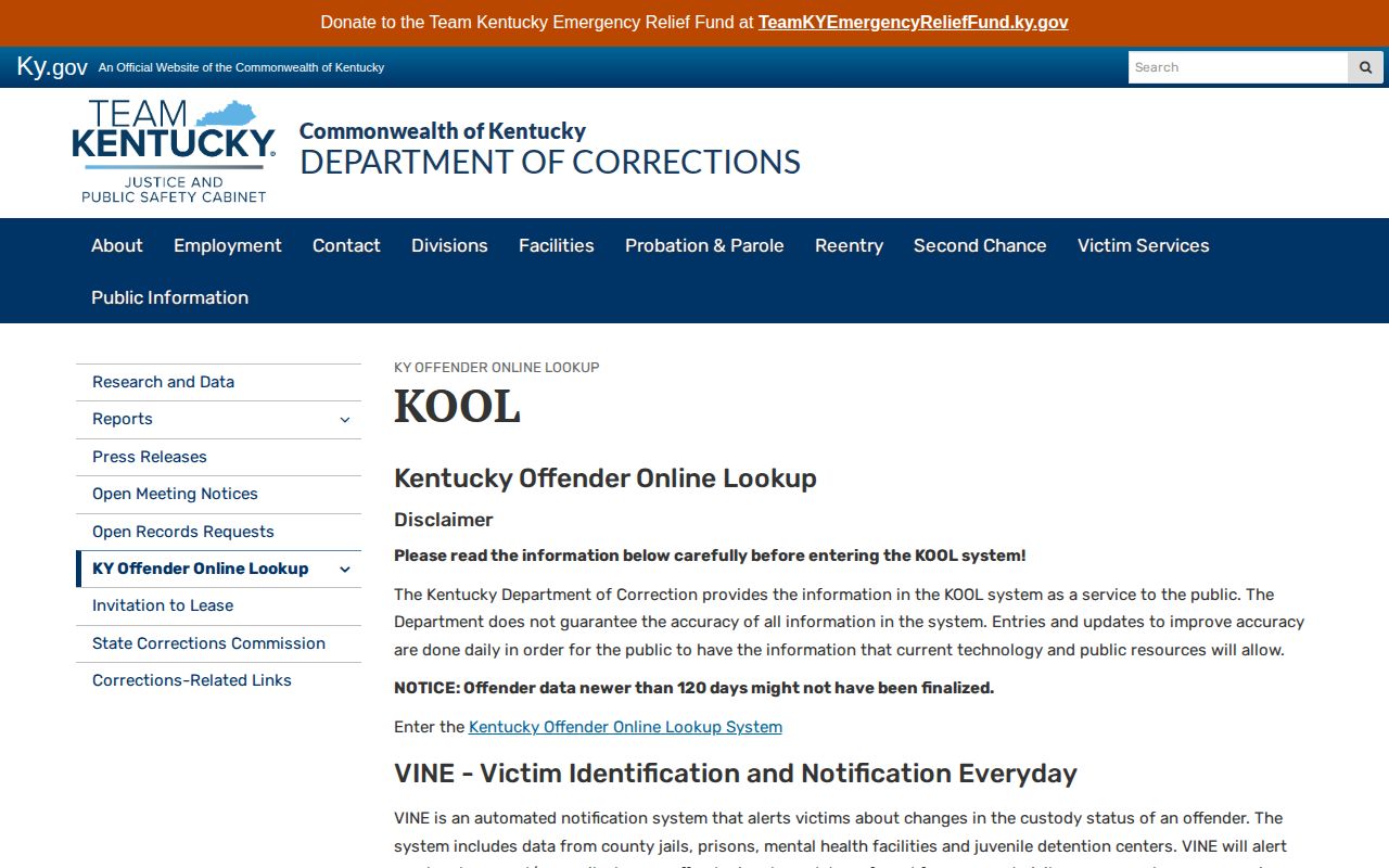 Kentucky DOC KOOL offender lookup explanation for Campbell County release searches